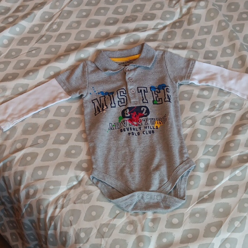Beverly Hills Polo Club Baby Boy Onesie 12 Months White Gray with Athletic Logo